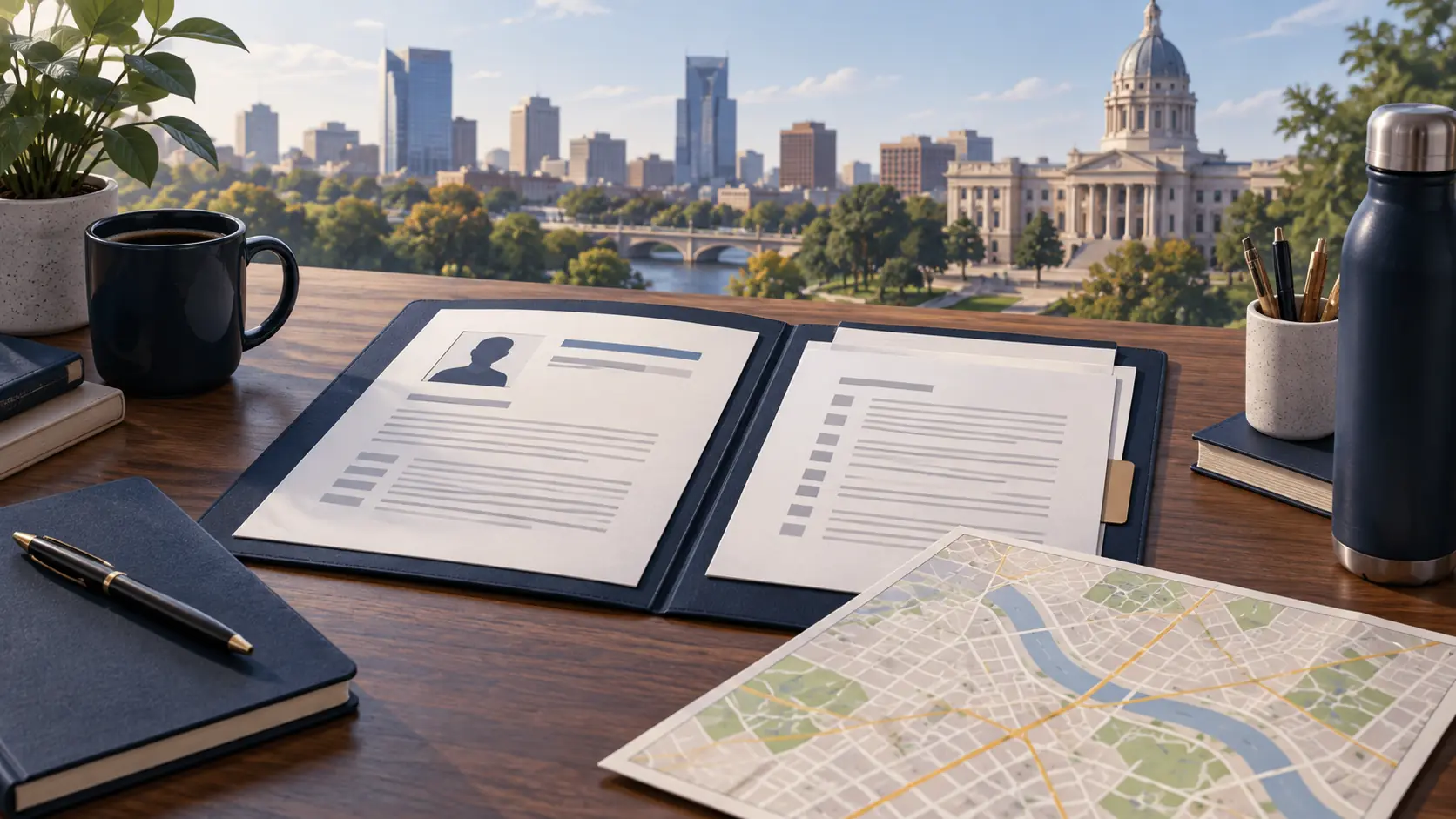 Police career application papers and a city map on a desk overlooking a civic building