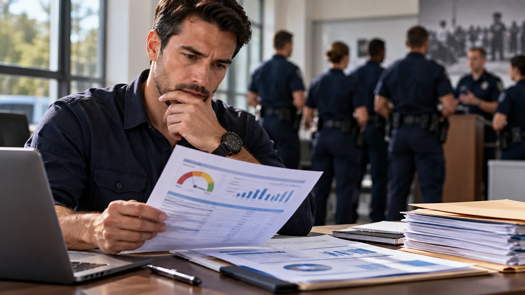 Police applicant reviewing financial records and a credit report while preparing for a background investigation