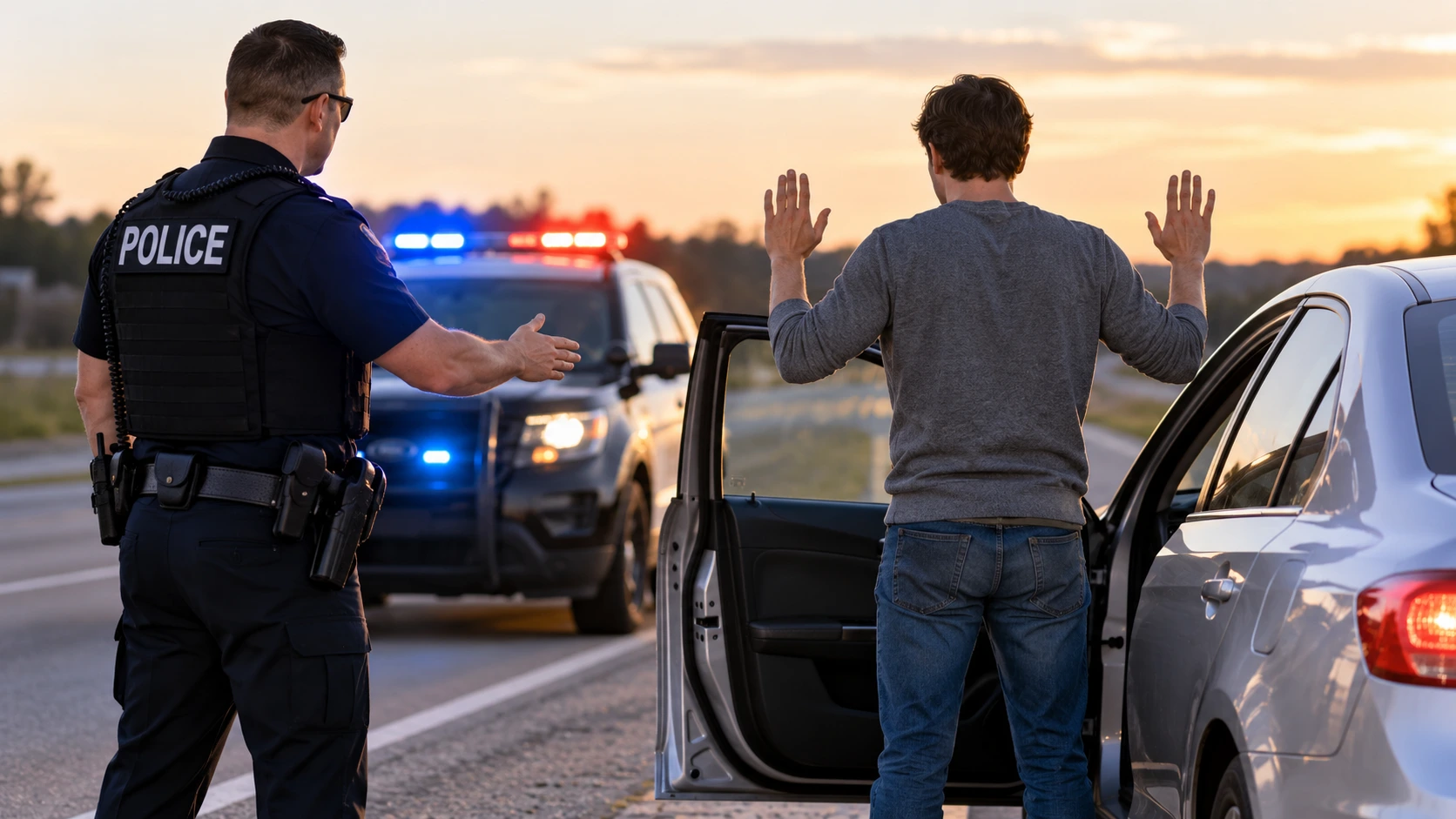 Illustrated roadside traffic stop with a driver safely outside a stopped vehicle while an officer maintains a professional distance
