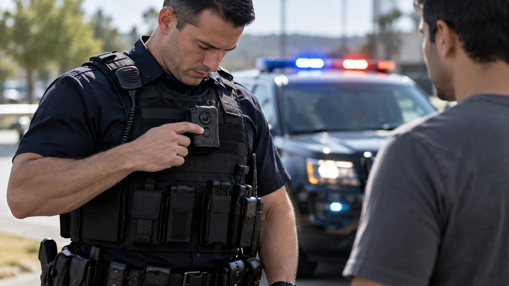 Police officer wearing an activated body camera during a roadside public interaction