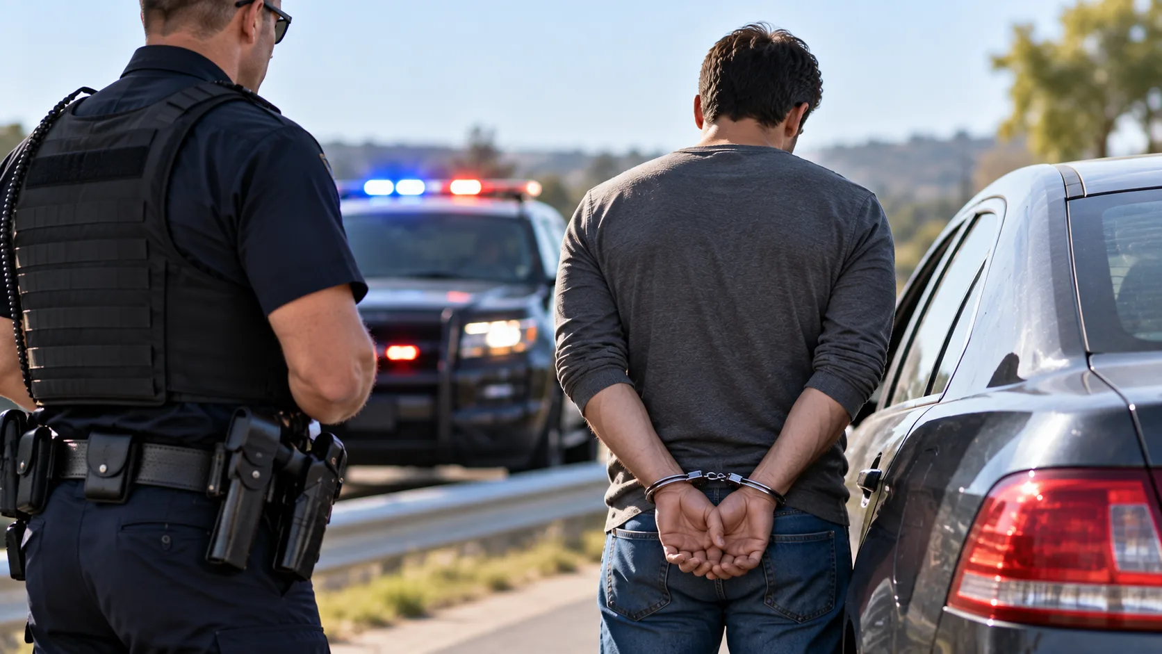 Police officer securing a detained person in handcuffs during a controlled roadside investigation