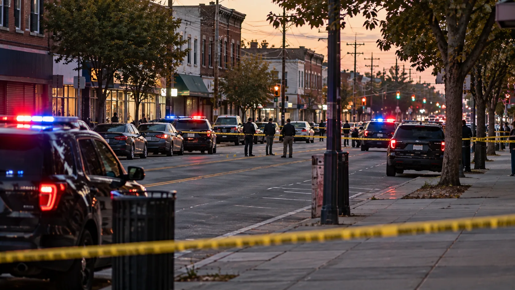 Wide urban street scene secured for a police shooting investigation with emergency vehicles in the distance