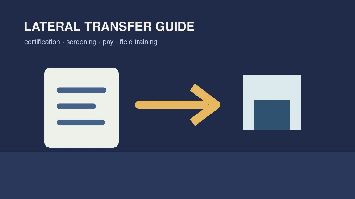 Illustrated lateral police officer transfer guide with credential file, city map, and transfer arrows