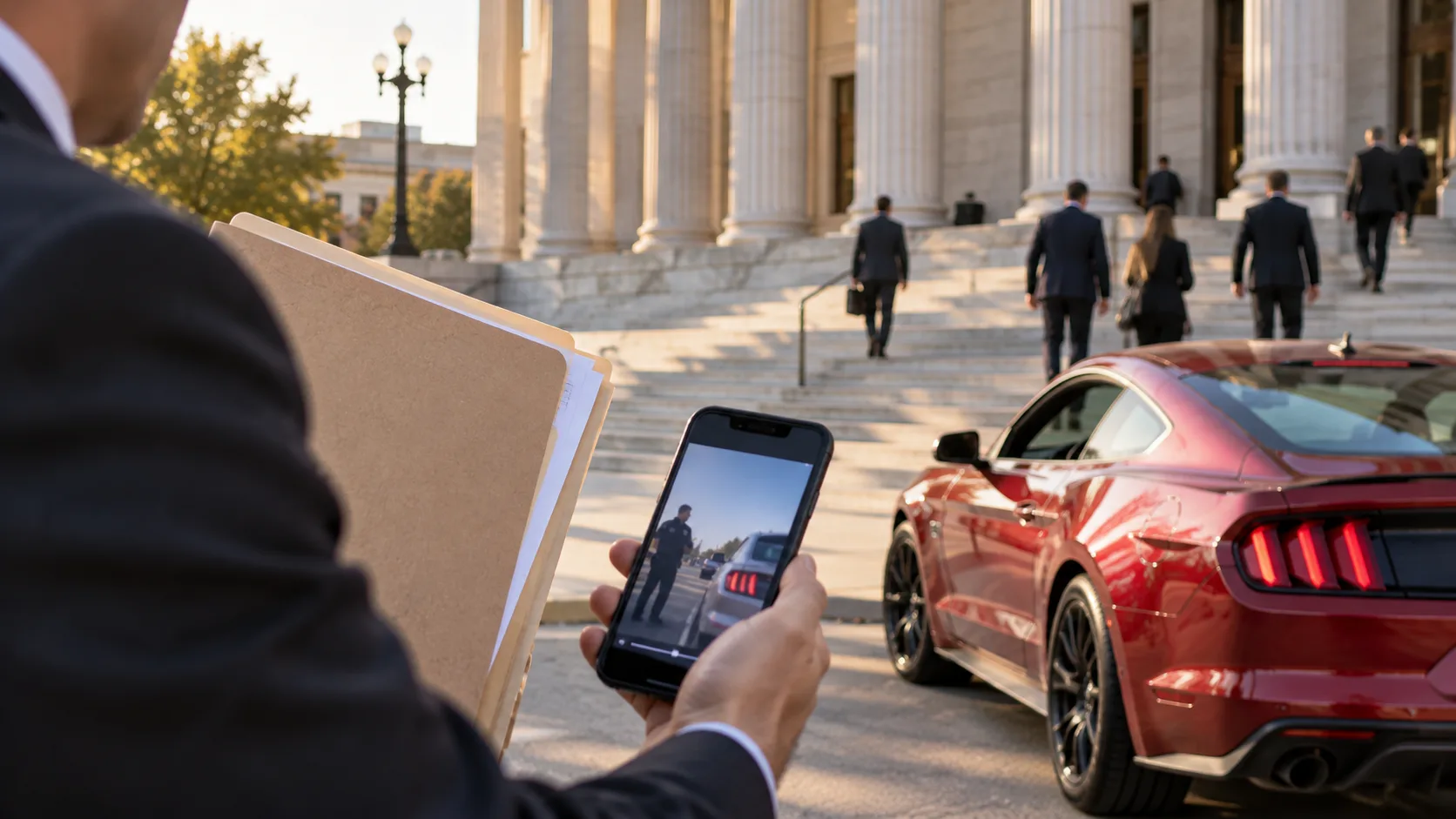Traffic-stop case concept with a red sports car near a courthouse and legal review materials