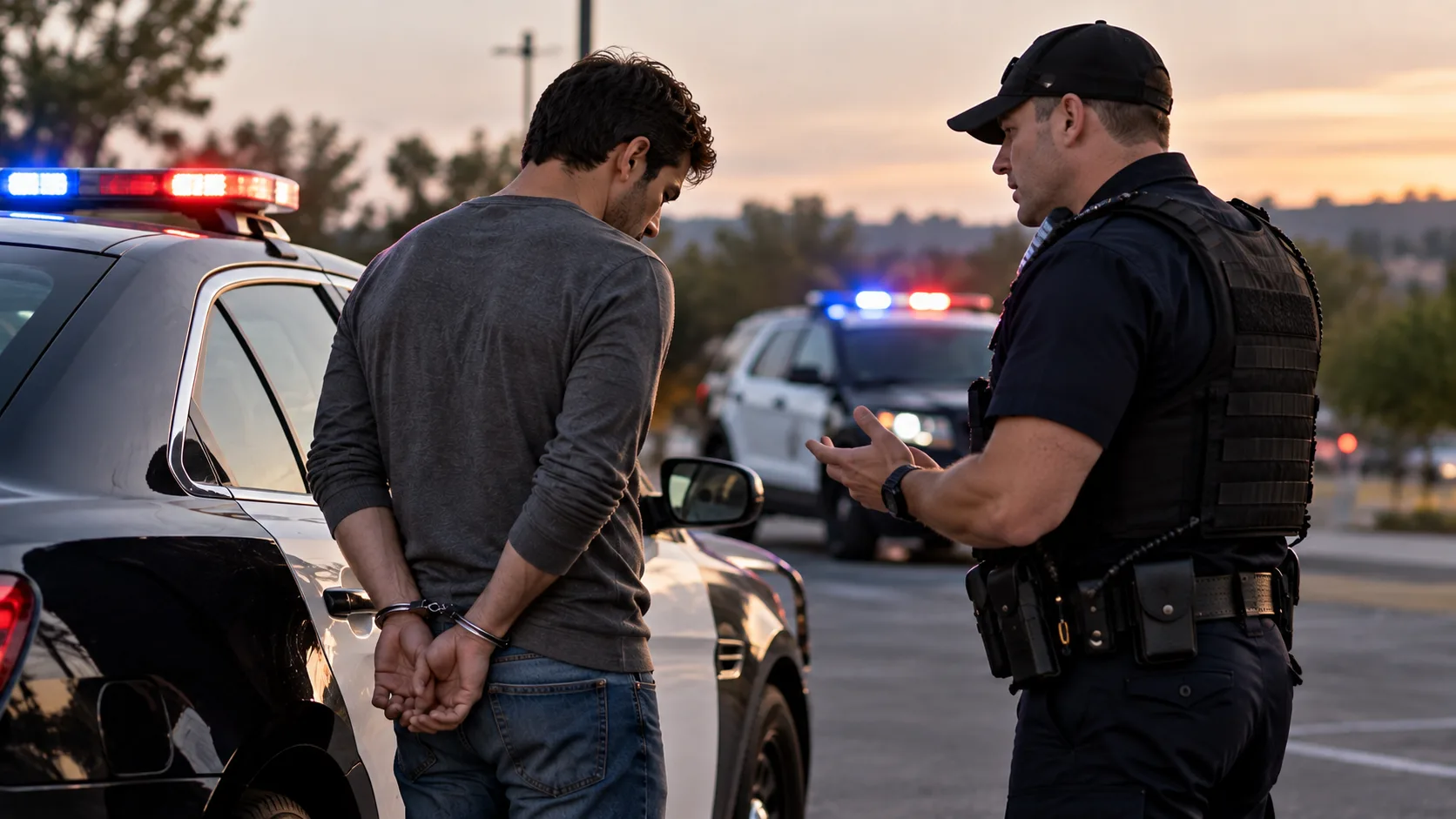 Police officer speaking with a handcuffed detainee beside a patrol vehicle before questioning