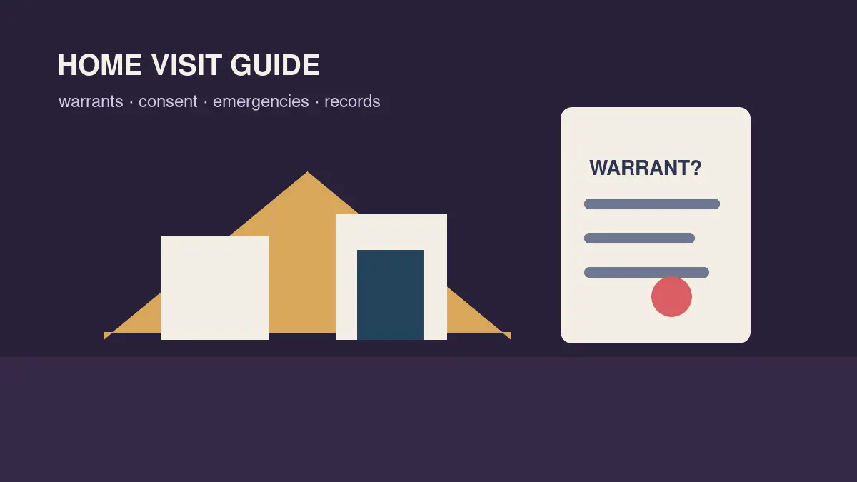 Illustrated home visit guide with a front door, warrant checklist, and legal source notes