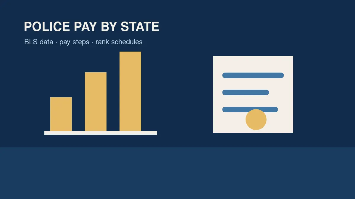 Illustrated police officer salary by state guide with map bars, pay table, and source notes
