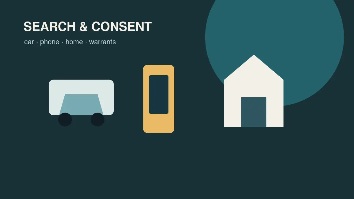 Illustrated police search consent guide with car, phone, home, and legal source notes