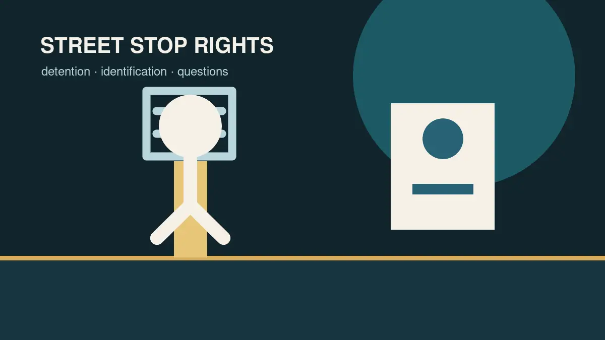 Illustrated street stop rights guide with a pedestrian, location pin, and source notes
