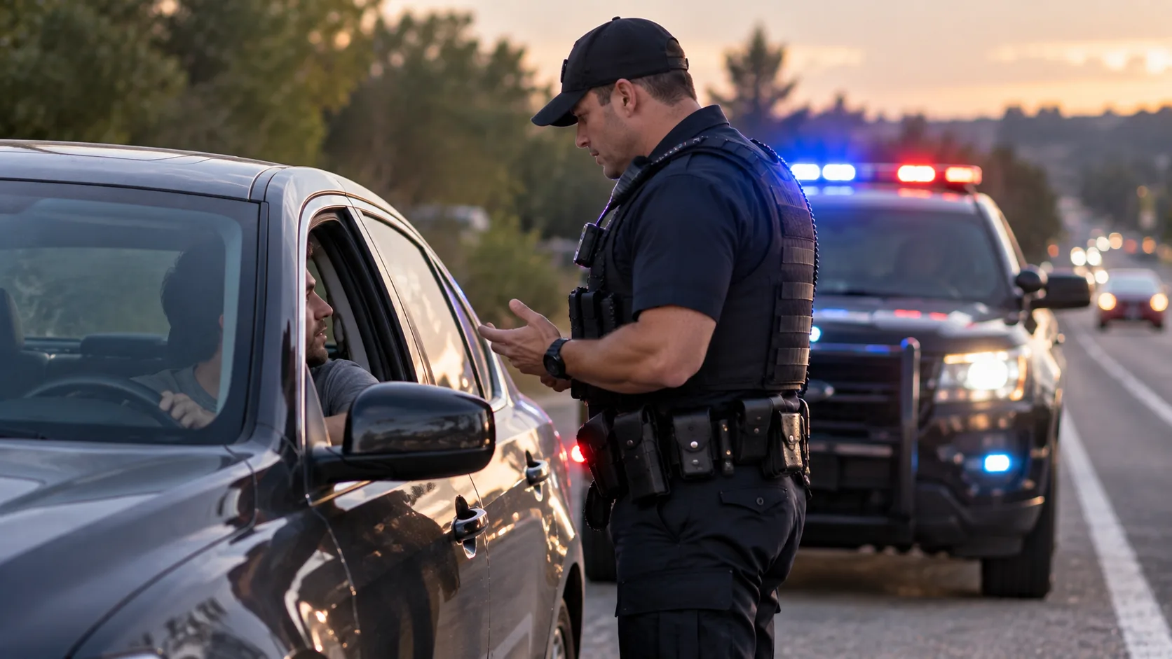 Driver calmly speaking with a police officer through an open window during a routine roadside traffic stop