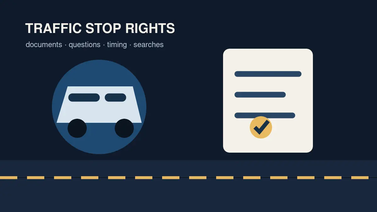Illustrated roadside traffic stop rights guide with a vehicle, documents, and source notes