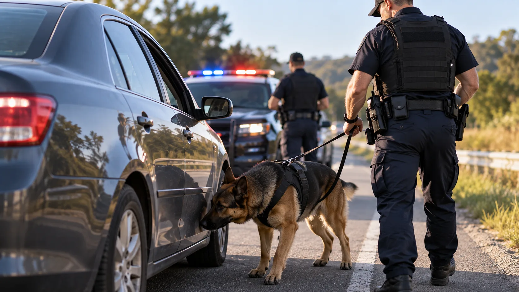 Police K9 team beside a stopped vehicle during a roadside traffic stop