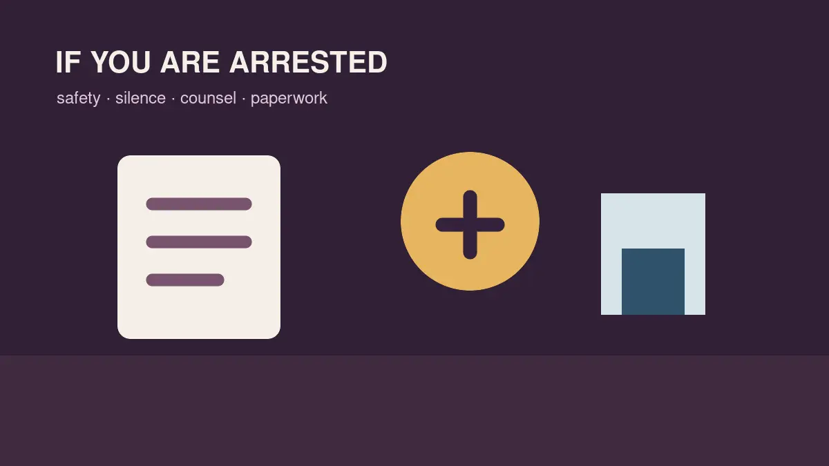 Illustrated arrested rights guide with legal documents, phone, and court timeline notes