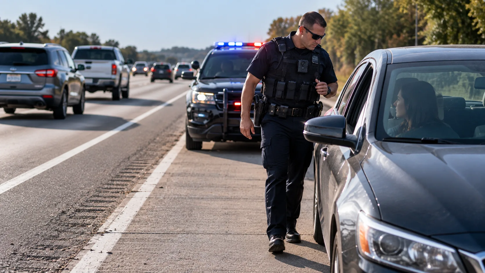 Police officer approaching the passenger side of a stopped car on a busy roadway