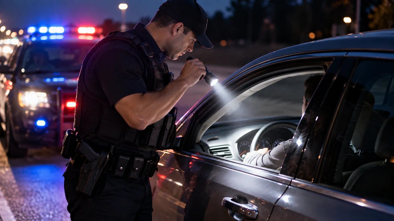 Police officer using a flashlight to view the interior of a stopped vehicle at night