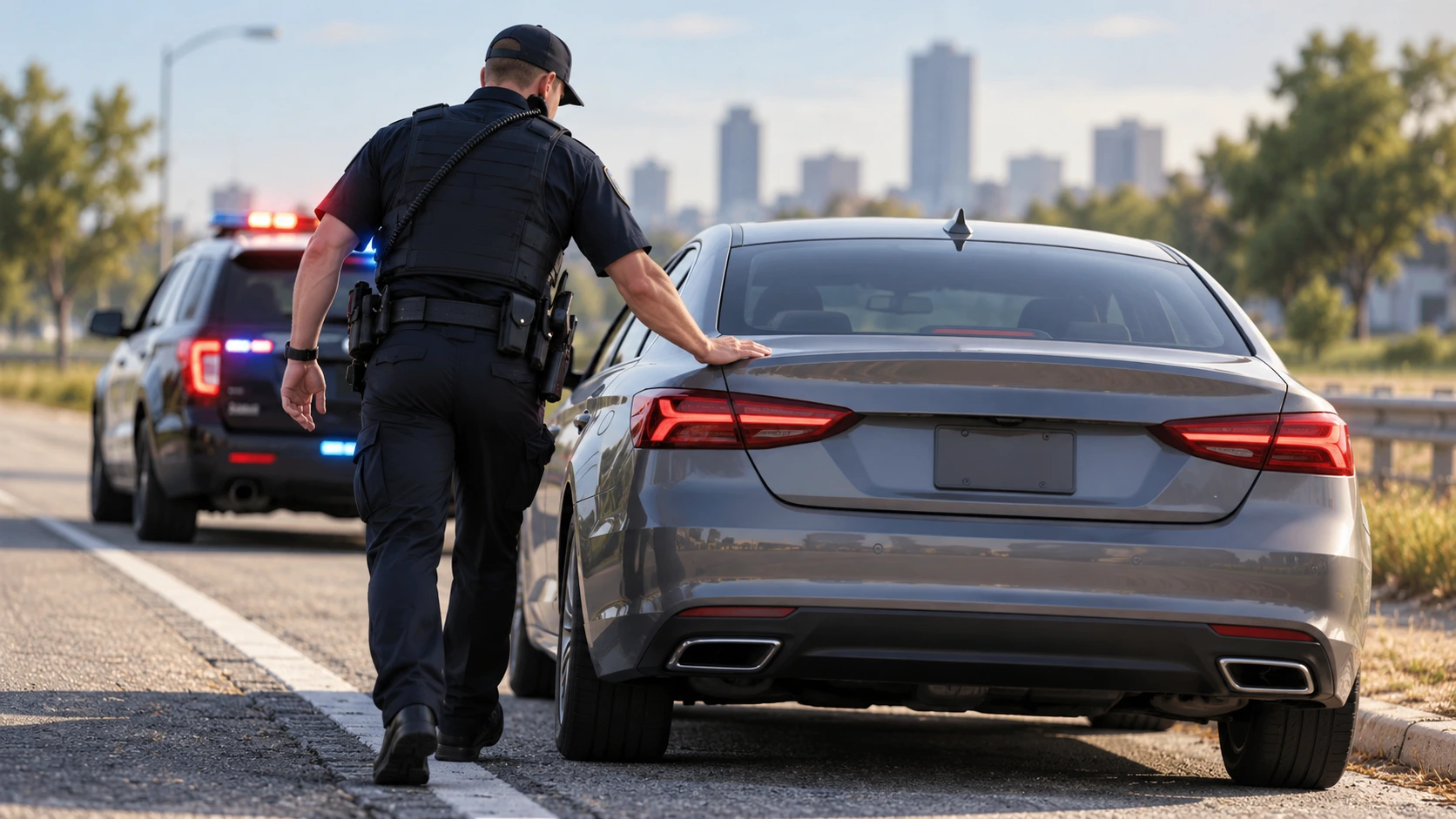 Illustrated roadside traffic stop with a police officer approaching the rear of a stopped vehicle